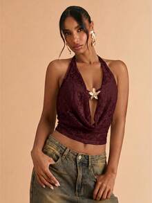 SHEIN BAE Top halter sexy de verano para mujer con cuello de volantes de encaje y espalda descubierta - Granate - Ver 6