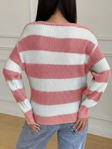 SHEIN 青少年女孩秋冬休閒居家條紋拼接方領套頭鬆垮落肩長袖針織衫 - 粉色 - 查看 2