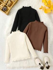 SHEIN Young Girl Matching Casual Minimalist Comfortable High Neck 3-Piece Long Sleeve T-Shirt Set - Multicolor - View 2