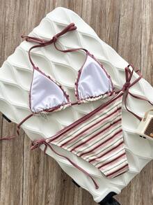 Swim Mod Setelan Baju Renang Dua Potong Wanita Musim Panas Motif Garis-Garis Blok Warna dengan Tali Halter Seksi dan Bawahan Segitiga - MultiWarna - View 4