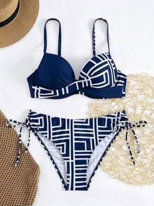 Swim Lushoire 女款夏季海灘幾何印花細肩帶比基尼三角泳褲兩件式泳衣套裝 - 彩色 - 查看 3