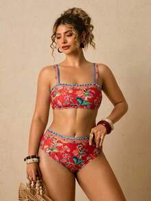 Travachic Plus Size Women's Summer Beach Vacation Floral Print Backless Tie-Front Bikini Set Set - Multicolor - View 6