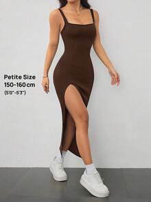 SHEIN PETITE 高彈性羅紋針織寬肩帶女款高開衩修身長洋裝，適合嬌小女性 - 咖啡棕 - 查看 9