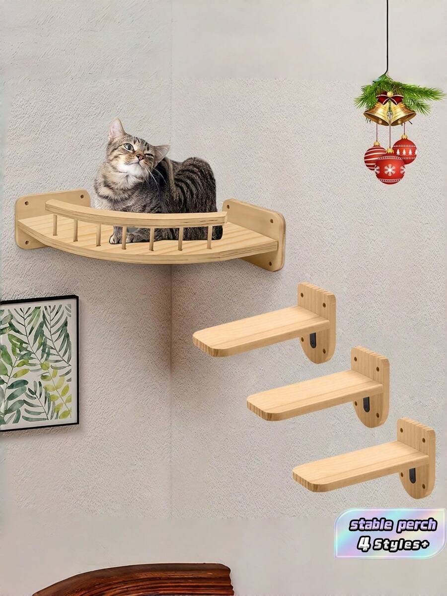 1 Set Wall Mounted Cat Climbing Frame And Perch Includes 1 Corner Cat Tree 3 Cat Steps Stable Cat Wall Shelves For Playing Climbing Jumping Non Slip Space Saving Indoor Living Room Home Cat Furniture - Apricot - View 1