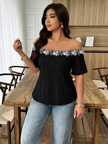 Weeklong Women's Plus Size Spring/Summer Casual Off-Shoulder Contrast Color Ruffle Trim Textured Knit Fabric T-Shirt - Black - View 4
