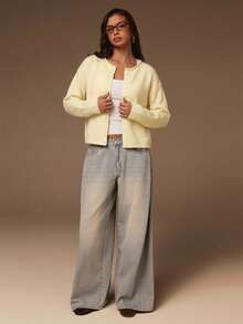 Athîral Petite Women's Petite Solid Color Off-Shoulder Long Sleeve Single-Breasted Casual Knit Cardigan, Suitable For Dating And Gatherings Office Pale Yellow Autumn - Yellow - View 3