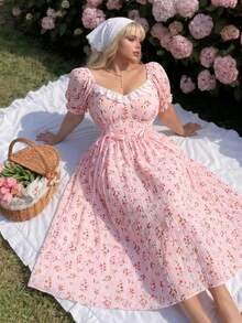 Lyrianda Plus Size Summer Short Sleeve Ruched Plaid Green Floral Fresh Style Lace-Up Vacation Dress - Multicolor - View 3