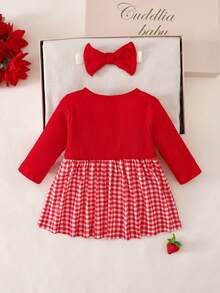 SHEIN Vintaside Kids 新生女嬰紅色蕾絲長袖花卉愛心印花洋裝與配套髮帶2件組，優雅甜美可愛，適合秋季日常戶外休閒活動 - 紅色 - 查看 3