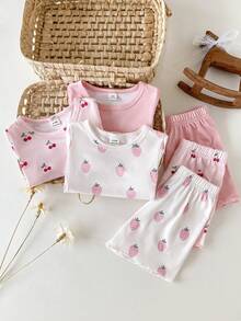 SHEIN Playful Pals 6 Peças Conjunto Casual Diário para Bebê Menina com Top de Manga Curta Gola Redonda Listrado em Damasco Branco e Rosa com Cintura Elástica, Versátil para Passeios ou Conforto em Casa, Primavera/Verão - Rosa chiclete - Visão 3