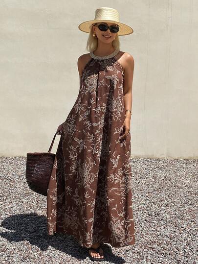 Livesso Summer Brown Floral Print Webbing Patchwork Bohemian Casual Vacation Elegant Camisole Midi Dress For Women