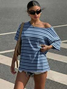 SHEIN EZwear 休閒簡約藍色條紋滿版印花落肩短袖寬鬆女款T恤，適合夏季 - 彩色 - 查看 3