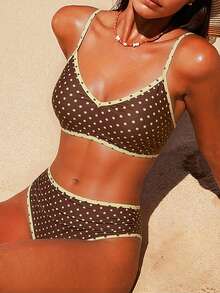 Swim SPRTY 2pcs/Set Pakaian Pantai Musim Panas Wanita, Atasan Tali Bahu Motif Acak Warna dan Bawahan Bikini Pinggang Tinggi - MultiWarna - View 6