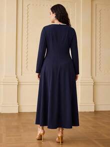ZEYLAH Elegant Round Neck Pearl Decor Long Sleeve Fit & Flare Dress, Spring/Summer Fall - Navy Blue - View 5