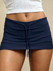 Rina Fox Rok celana wanita model dasar dengan tali serut dan pinggang rendah. - Navy Blue - View 5