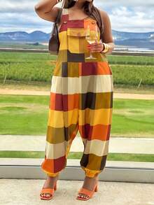 Slaydiva Wedding Guest Boho, Commute, Brunch, Airport, Party Holiday Yellow Plaid Print Pattern Women Hollow Square Contrast Color Casual Jumpsuit, Plus Size - Multicolor - View 4