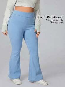 Flexra Plus Size Women Elastic Waist Casual Flare Leg Jeans - Baby Blue - View 4
