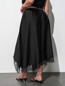 Maija Plus Size Black Elegant Sexy Skirt For Women, Autumn Vintage Asymmetrical Lace Hem Elastic Waist Skirts, Versatile Dinner Cocktail Party Wedding Guest - Black - View 3