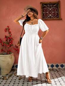 Ceyna Plus Size Solid Color Vacation Minimalist Cottage Core 1960s Boho Textured Fabric Sheer Ruffle Hem Women's Dress White Summer Tea Party - White - View 4