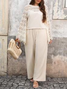 Lacomfia Conjunto de 2 piezas para mujer talla grande con top largo de manga acampanada con calados y pantalones estilo bohemio - Albaricoque - Ver 7