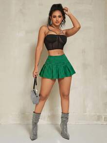 SHEIN SXY 女款素色牛仔迷你裙 - 綠色 - 查看 6