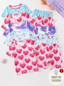 [2 Sets Random] 2-Piece Girls Toddler Sweet Y2K Cartoon Animal Heart Pattern Short Sleeve & Shorts Snug Fit Pajamas Soft Knit Kids Homewear Summer - Multicolor - View 4