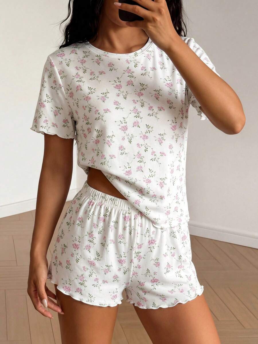 SHEIN 青少年女孩碎花圓領T恤短褲家居服,休閒款 - 彩色 - 查看 1