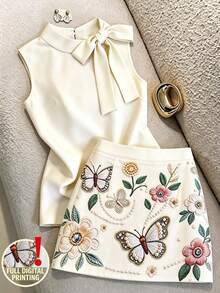 SHEIN Franclia Set estivo da donna con camicia senza maniche con lacci beige elegante & minigonna a trapezio con stampa floreale a farfalla, stile delicato, fresco e versatile, per pendolarismo quotidiano, appuntamenti, viaggi - Multicolore - Visualizzare 5