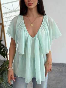 Aloruh Deep V-Neck Romantic Ruffle Trim Blouse,Summer Top - Green - View 5
