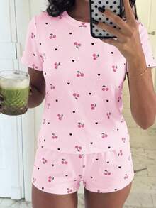 SHEIN 青少年女孩休閒寬鬆極簡圓領短袖短褲家居服，適合春夏季 - 彩色 - 查看 2