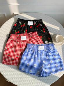 SHEIN EZwear 3件套女士休闲舒适多巴胺雏菊蓝格子短裤、多巴胺草莓红格子短裤、黑色波点樱桃短裤，梭织面料，适合日常穿着、通勤、约会、派对、秋冬夏三季、圣诞节、新年、感恩节、婚礼、海滩、毕业典礼、时尚、优雅、休闲、外出、约会、预订、通勤、闪亮、情人节、优雅、度假、休闲、Y2K、外出、毕业典礼 - 彩色 - 查看 3