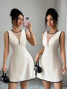 Elenzga Sleeveless Round Neck Color Block Fabric Patchwork Waist A-Line Elegant Romantic Dress For Women - Apricot - View 3
