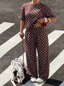 Muchica 2pcs/Set Plus Size Women Chocolate Brown Polka Dot Round Neck T-Shirt And Pants - Chocolate Brown - View 5