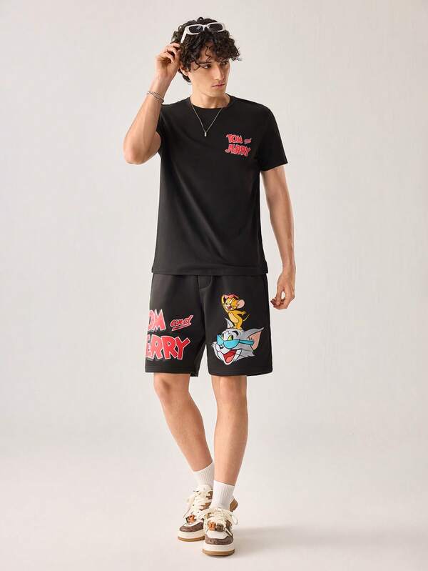 Strevion Men's Summer Fashion Tom & Jerry Graphic Print Short Sleeve T-Shirt And Shorts 2-Piece Casual Outfit