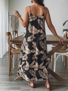 SHEIN VCAY Plus Size Women's Tropical Plant Print Cami Dress For Vacation And Beach - Black - View 2