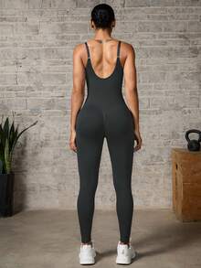 Easithlete Easithlete 女款無縫太空深灰色壓縮運動連身衣，無袖快乾瑜伽連身衣，圓領露背設計，健身運動服 - 灰色 - 查看 4