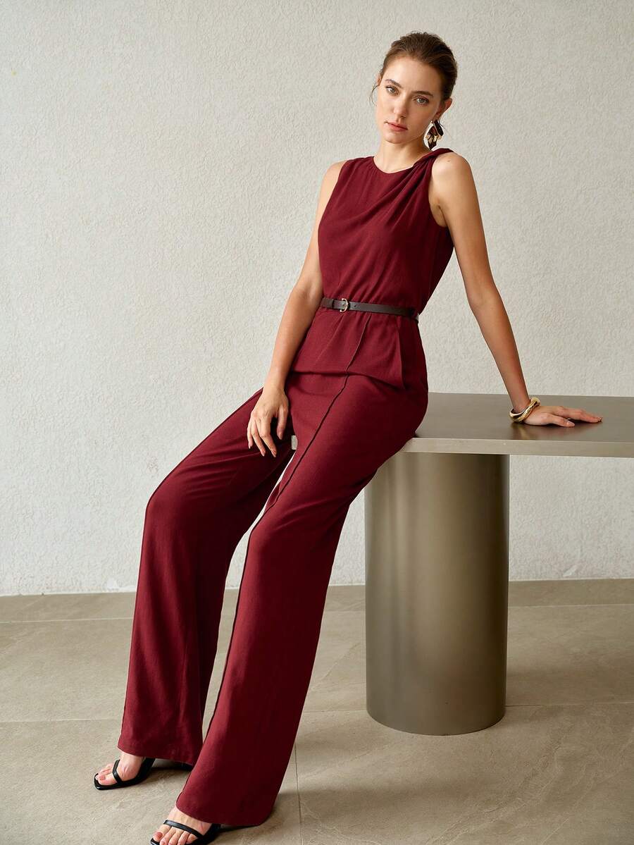 MOTF PREMIUM WOMEN'S AUTUMN LINEN BLEND STRUCTURED DESIGN LONG JUMPSUIT WITH BELT OFFICE DINNER BURGUNDY ELEGANT