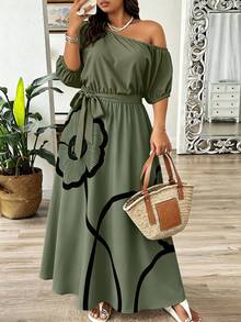 Weeklong Plus Size Women's Vacation Asymmetrical Shoulder Floral Print Elegant Dress - Multicolor - View 3