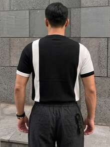 DAZY Camiseta de punto de manga corta con bloques de color y patchwork para hombre, verano - Negro - Ver 2