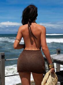 Swim SXY Chocolate Brown Knitted Draped Neck Flounce Collar Backless Hand-Embellished Crystal Trim Women's Sexy Vacation Beach Cover-Up Short Dress Summer - Chocolate Brown - View 2