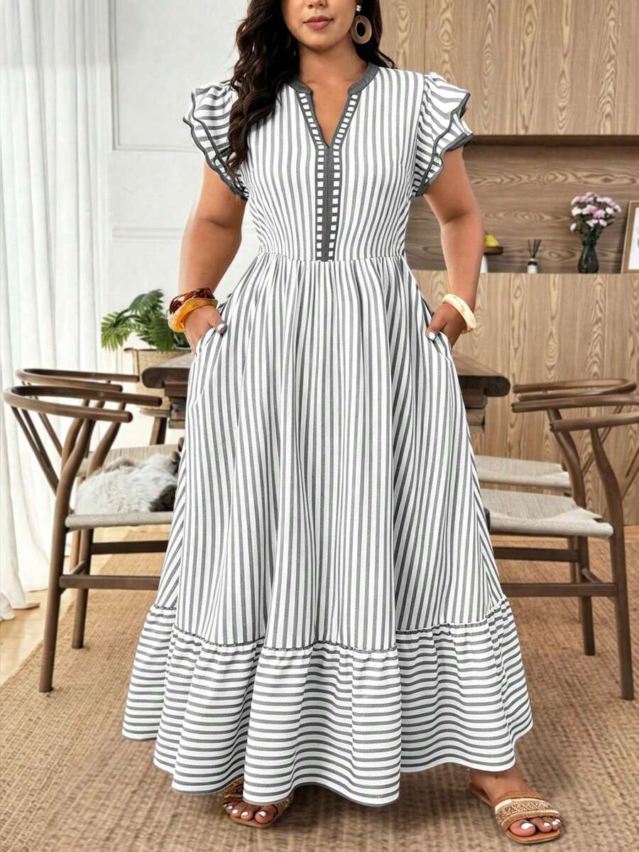Weeklong Gaun Kasual Wanita Ukuran Plus Motif Garis-garis Kerah V dengan Trim Kontras Lapisan Ganda Lengan Bergelombang, Cocok untuk Pakaian Sehari-hari Musim Semi/Panas, Kantor, Jalan-jalan, dll. - MultiWarna - View 1