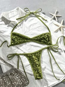 Costavie 2pcs Spring/Summer Beach Vacation Sequin Textured Fabric Halter Bandeau Top & Side Tie String Thong Bikini Set - Olive Green - View 8