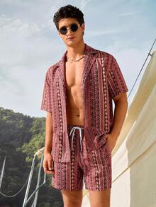Manfinity VDAYZ 男士花卉短袖襯衫與短褲海灘套裝，度假風 - 彩色 - 查看 2