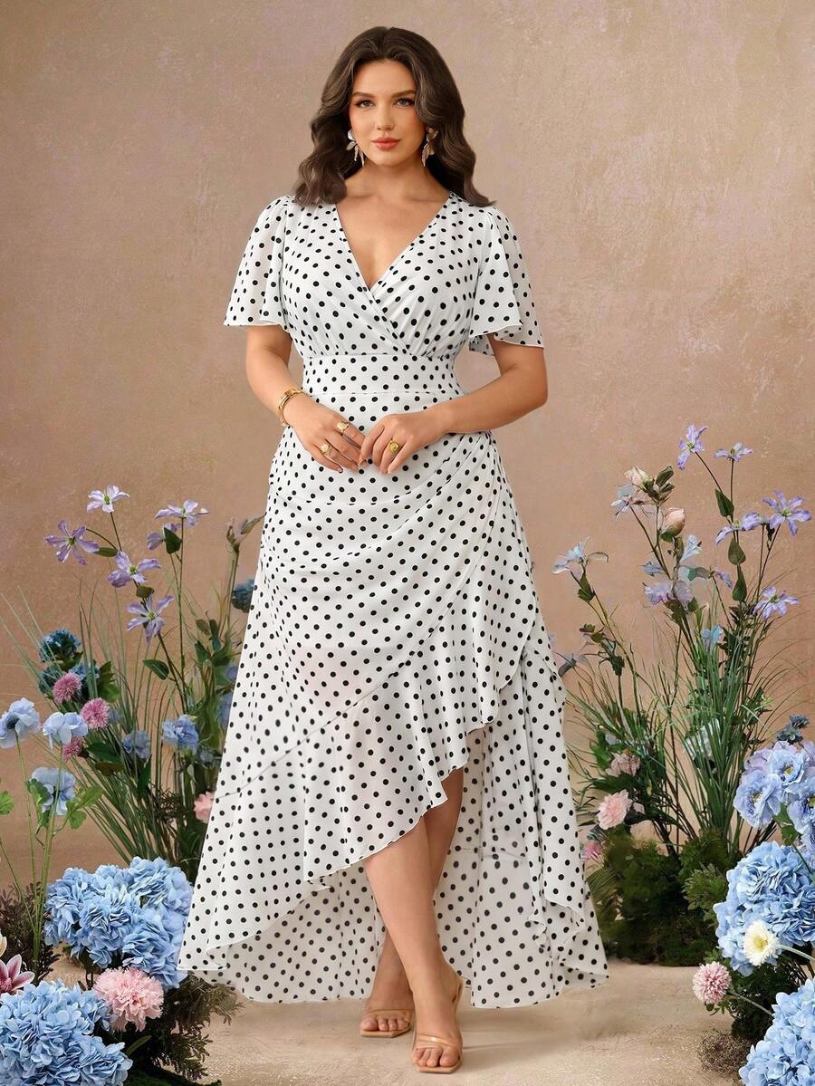 Roveilla Plus Size V-Neck Chiffon Floral Print Ruffle Sleeve Pleated Slit Ruffle Hem Flowy Elegant Vintage Vacation Party Midi Dress - White - View 1
