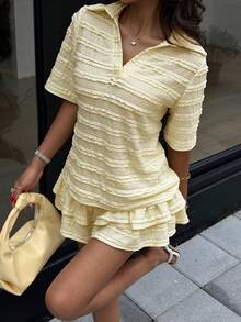 Siren Gaze Women's Solid Color Frill Trim Short Sleeve Top And Ruffle Skort 2-Piece Set - Light Yellow - View 5