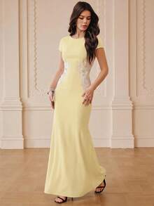 ZEYLAH Spring Summer Patchwork Position Embroidery Dress - Yellow - View 5
