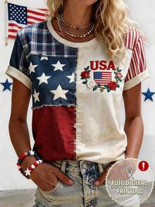 EMERY ROSE Women's Retro American Flag Print Patchwork T-Shirt - Multicolor - View 3