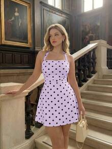 SHEIN MOD Women's Polka Dot Pattern Halter Neck Short Dress - Purple - View 1
