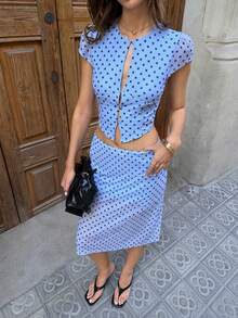 MainGRL Light Blue Polka Dot 2pcs Set Outfit For Summer Vacation Casual Women Party Daily Wear Set - Blue - View 5