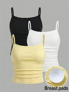 SHEIN Tank Top Dalaman Rajut Hitam Putih Musim Semi/Panas untuk Anak Perempuan Remaja, Paket Multi, Beli 1 Gratis 2 - MultiWarna - View 4