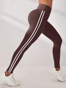 SHEIN Sovereign Charm Contrast Color Striped High Waist Sports Leggings - Brown - View 4